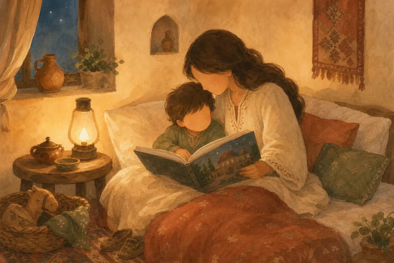 Bir anne çocuğuna masal okuyor